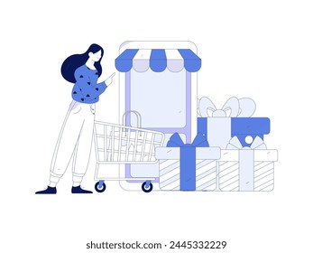 Holiday shopping people doing e-commerce online shopping flat vector concept operation hand drawn illustration

