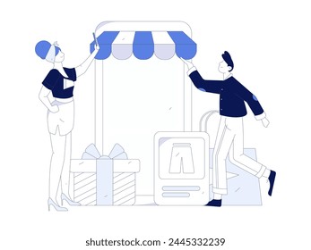 Holiday shopping people doing e-commerce online shopping flat vector concept operation hand drawn illustration
