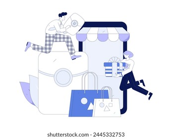 Holiday shopping people doing e-commerce online shopping flat vector concept operation hand drawn illustration
