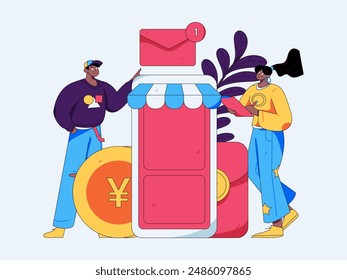 Holiday shopping people doing e-commerce online shopping flat vector concept operation hand drawn illustration
