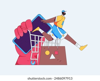 Holiday shopping people doing e-commerce online shopping flat vector concept operation hand drawn illustration
