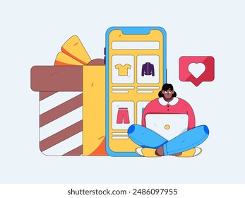 Holiday shopping people doing e-commerce online shopping flat vector concept operation hand drawn illustration
