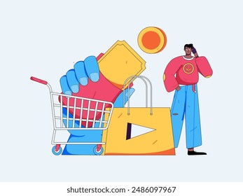 Holiday shopping people doing e-commerce online shopping flat vector concept operation hand drawn illustration

