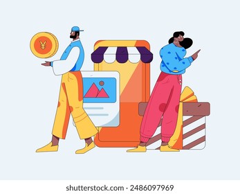 Holiday shopping people doing e-commerce online shopping flat vector concept operation hand drawn illustration
