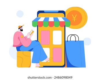 Holiday shopping people doing e-commerce online shopping flat vector concept operation hand drawn illustration
