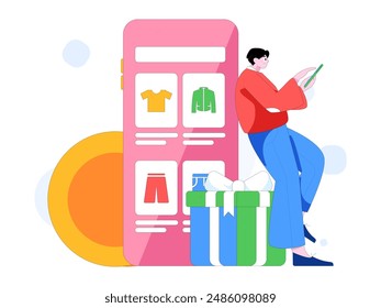 Holiday shopping people doing e-commerce online shopping flat vector concept operation hand drawn illustration
