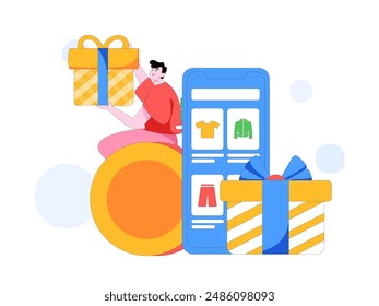 Holiday shopping people doing e-commerce online shopping flat vector concept operation hand drawn illustration
