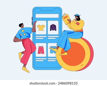 Holiday shopping people doing e-commerce online shopping flat vector concept operation hand drawn illustration
