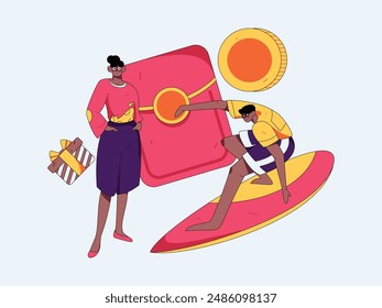 Holiday shopping people doing e-commerce online shopping flat vector concept operation hand drawn illustration
