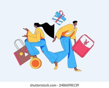 Holiday shopping people doing e-commerce online shopping flat vector concept operation hand drawn illustration
