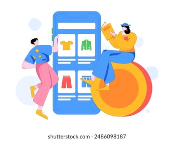 Holiday shopping people doing e-commerce online shopping flat vector concept operation hand drawn illustration
