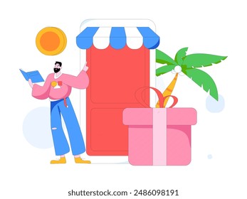 Holiday shopping people doing e-commerce online shopping flat vector concept operation hand drawn illustration
