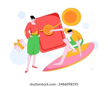 Holiday shopping people doing e-commerce online shopping flat vector concept operation hand drawn illustration
