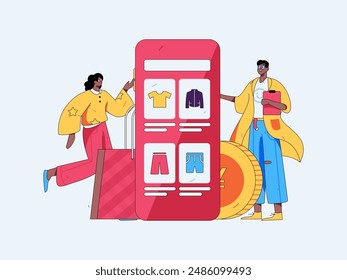 Holiday shopping people doing e-commerce online shopping flat vector concept operation hand drawn illustration
