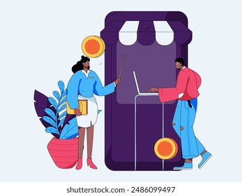 Holiday shopping people doing e-commerce online shopping flat vector concept operation hand drawn illustration
