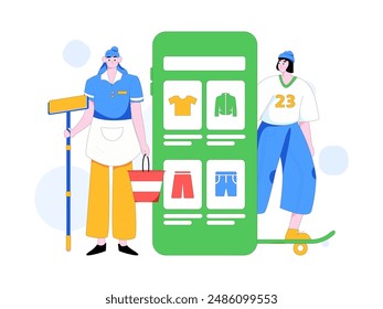 Holiday shopping people doing e-commerce online shopping flat vector concept operation hand drawn illustration
