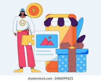 Holiday shopping people doing e-commerce online shopping flat vector concept operation hand drawn illustration
