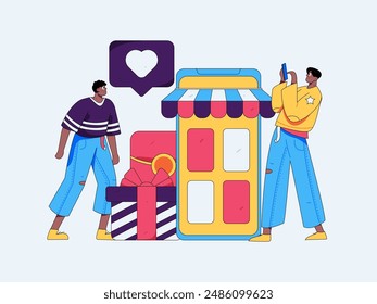 Holiday shopping people doing e-commerce online shopping flat vector concept operation hand drawn illustration
