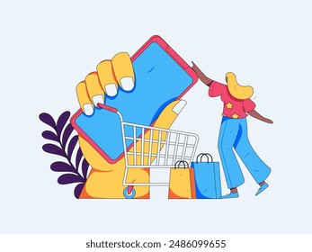 Holiday shopping people doing e-commerce online shopping flat vector concept operation hand drawn illustration
