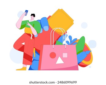 Holiday shopping people doing e-commerce online shopping flat vector concept operation hand drawn illustration
