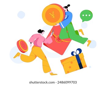 Holiday shopping people doing e-commerce online shopping flat vector concept operation hand drawn illustration
