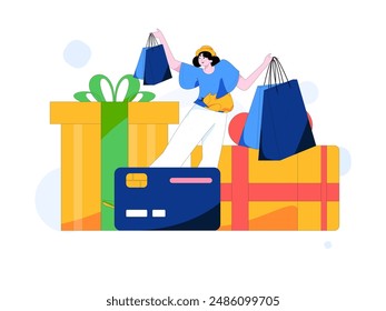 Holiday shopping people doing e-commerce online shopping flat vector concept operation hand drawn illustration
