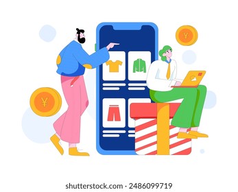 Holiday shopping people doing e-commerce online shopping flat vector concept operation hand drawn illustration
