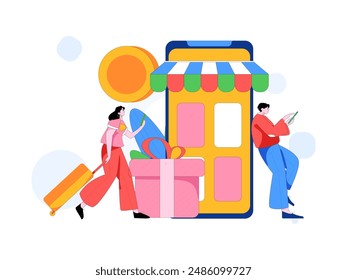 Holiday shopping people doing e-commerce online shopping flat vector concept operation hand drawn illustration
