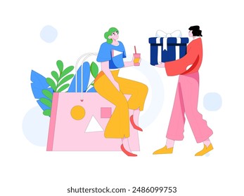 Holiday shopping people doing e-commerce online shopping flat vector concept operation hand drawn illustration
