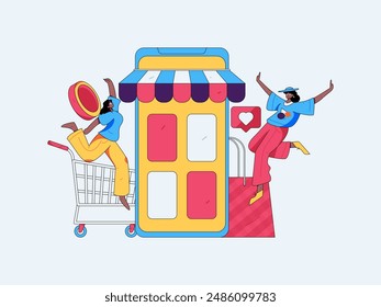Holiday shopping people doing e-commerce online shopping flat vector concept operation hand drawn illustration
