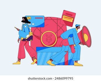 Holiday shopping people doing e-commerce online shopping flat vector concept operation hand drawn illustration
