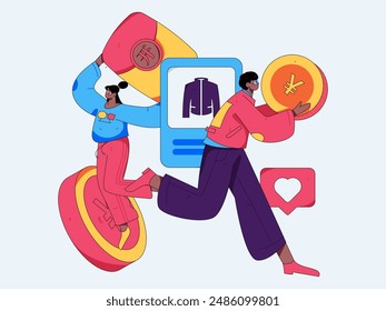 Holiday shopping people doing e-commerce online shopping flat vector concept operation hand drawn illustration
