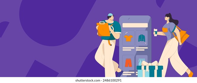 Holiday shopping people doing e-commerce online shopping flat vector concept operation hand drawn illustration
