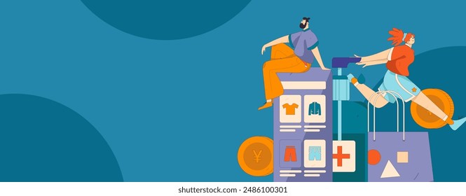 Holiday shopping people doing e-commerce online shopping flat vector concept operation hand drawn illustration
