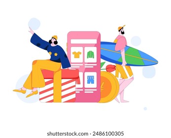 Holiday shopping people doing e-commerce online shopping flat vector concept operation hand drawn illustration
