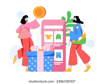 Holiday shopping people doing e-commerce online shopping flat vector concept operation hand drawn illustration
