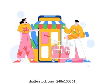 Holiday shopping people doing e-commerce online shopping flat vector concept operation hand drawn illustration

