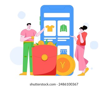 Holiday shopping people doing e-commerce online shopping flat vector concept operation hand drawn illustration
