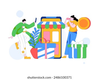 Holiday shopping people doing e-commerce online shopping flat vector concept operation hand drawn illustration
