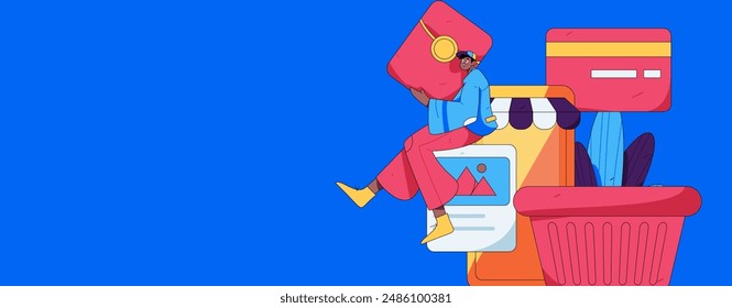 Holiday shopping people doing e-commerce online shopping flat vector concept operation hand drawn illustration
