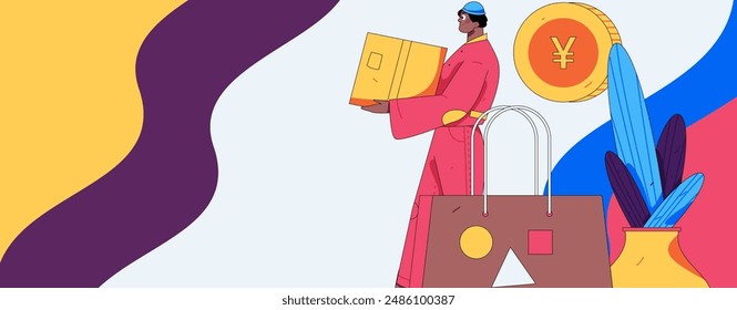 Holiday shopping people doing e-commerce online shopping flat vector concept operation hand drawn illustration
