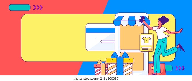 Holiday shopping people doing e-commerce online shopping flat vector concept operation hand drawn illustration
