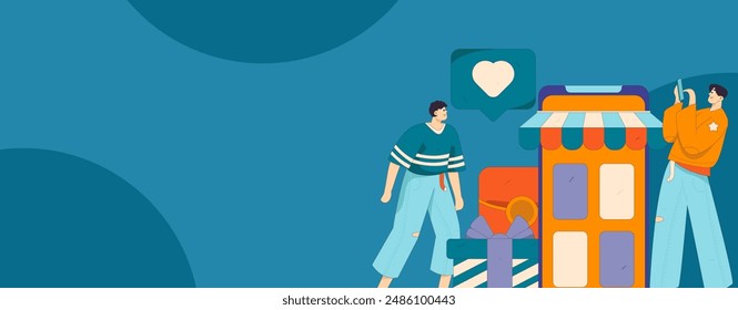 Holiday shopping people doing e-commerce online shopping flat vector concept operation hand drawn illustration
