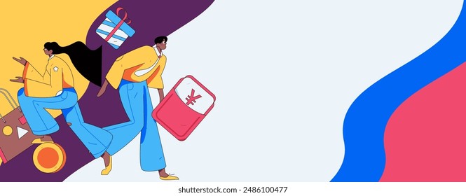 Holiday shopping people doing e-commerce online shopping flat vector concept operation hand drawn illustration
