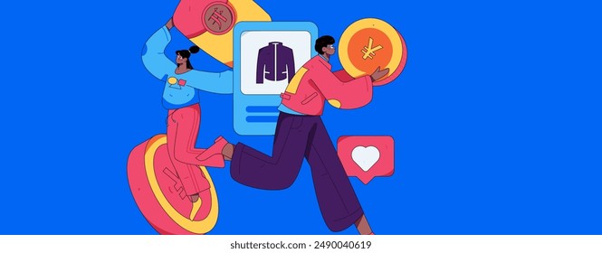 Holiday shopping people doing e-commerce online shopping flat vector concept operation hand drawn illustration
