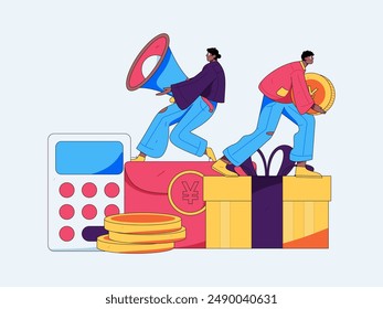 Holiday shopping people doing e-commerce online shopping flat vector concept operation hand drawn illustration
