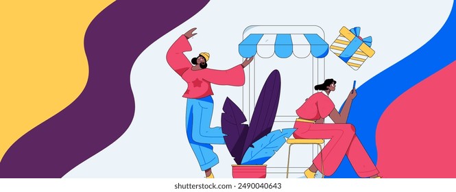 Holiday shopping people doing e-commerce online shopping flat vector concept operation hand drawn illustration
