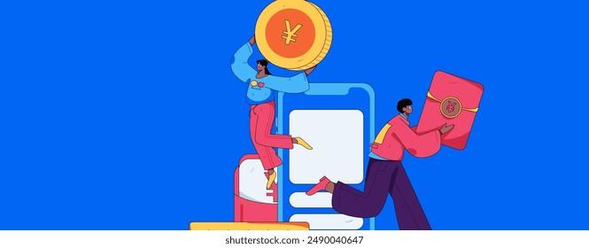 Holiday shopping people doing e-commerce online shopping flat vector concept operation hand drawn illustration
