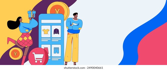 Holiday shopping people doing e-commerce online shopping flat vector concept operation hand drawn illustration

