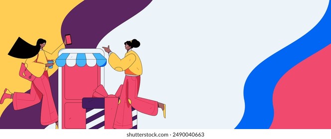 Holiday shopping people doing e-commerce online shopping flat vector concept operation hand drawn illustration
